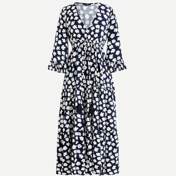 J. Crew Dress Floral Ruffle Sleeve V-Neck Tassel Tie Maxi Navy White Medium - Picture 1 of 10